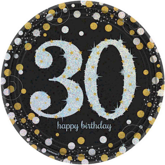 GOLD & BLACK SPARKLING CELEBRATION 30TH BIRTHDAY ROUND PAPER PLATES 22.9CM - PACK OF 8