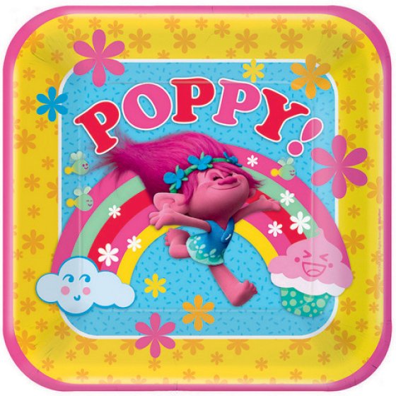TROLLS SQUARE PAPER PLATES 22.9CM - PACK OF 8