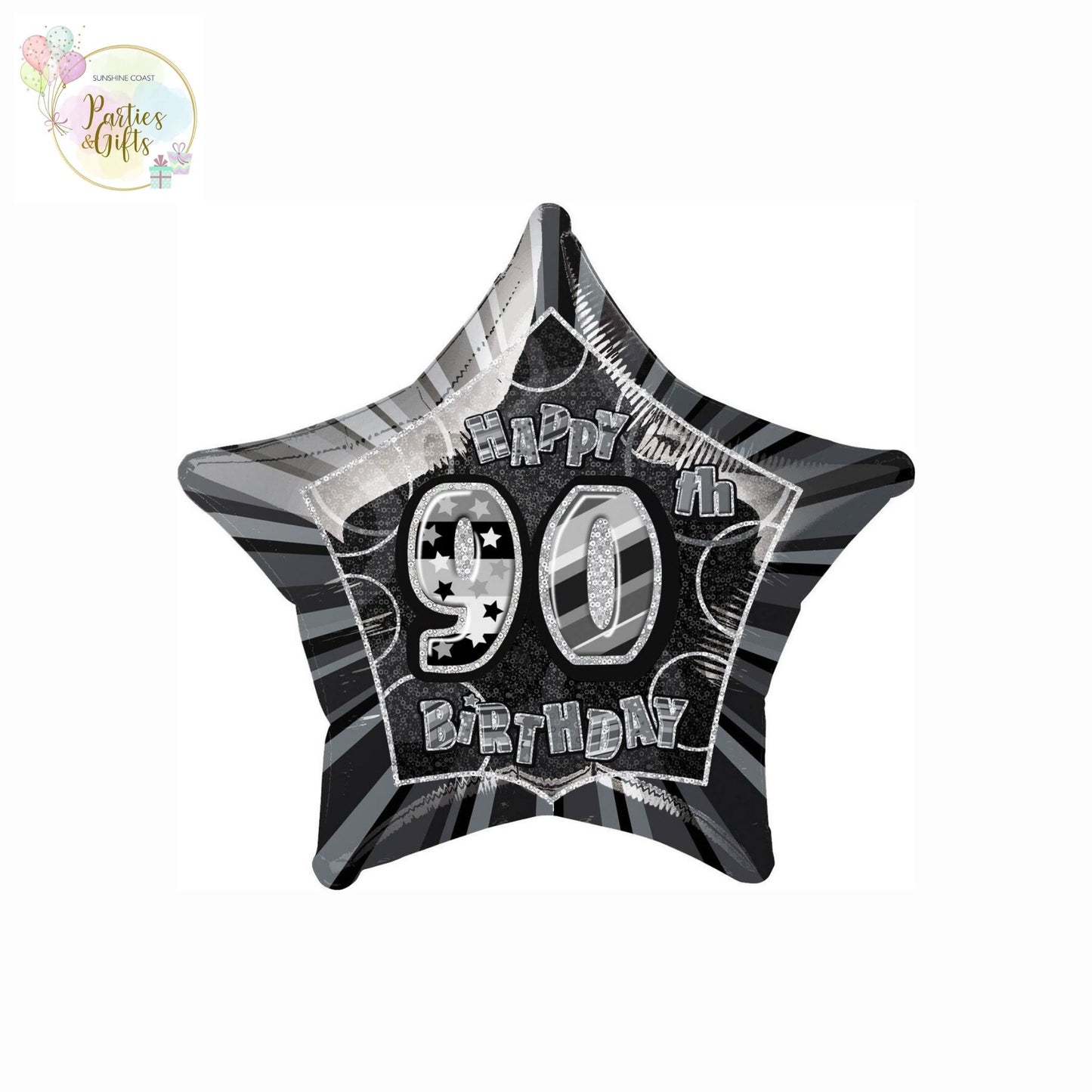 GLITZ BLACK AND SILVER 90TH BIRTHDAY STAR FOIL BALLOON - 50.8CM