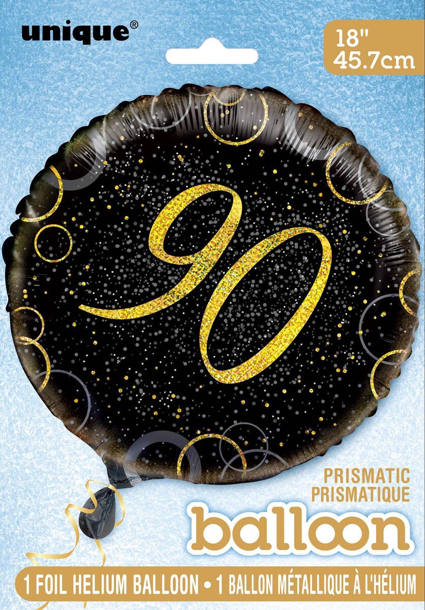 GLITZ BLACK AND GOLD 90TH BIRTHDAY STAR FOIL BALLOON - 45.7CM