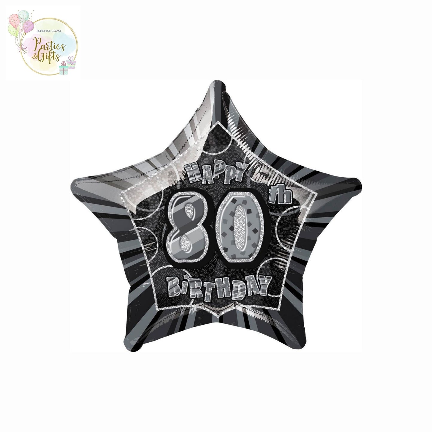 GLITZ BLACK AND SILVER 80TH BIRTHDAY STAR FOIL BALLOON - 50.8CM