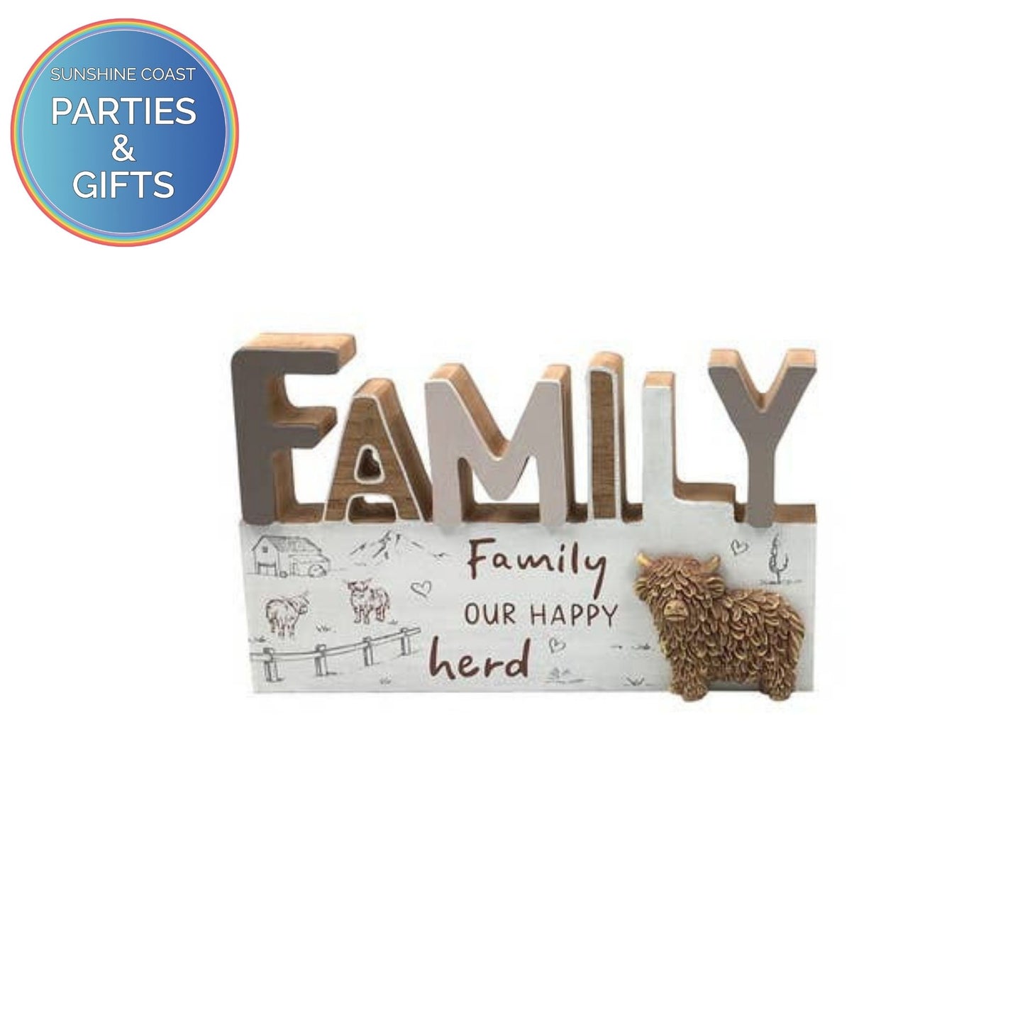 FAMILY HIGHLAND COW MDF PLAQUE - 22CM X 14CM