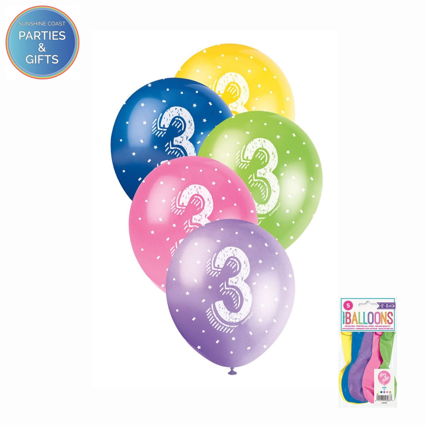 ASSORTED COLOURS 30.4CM LATEX BALLOONS 5 PACK - AGE 3