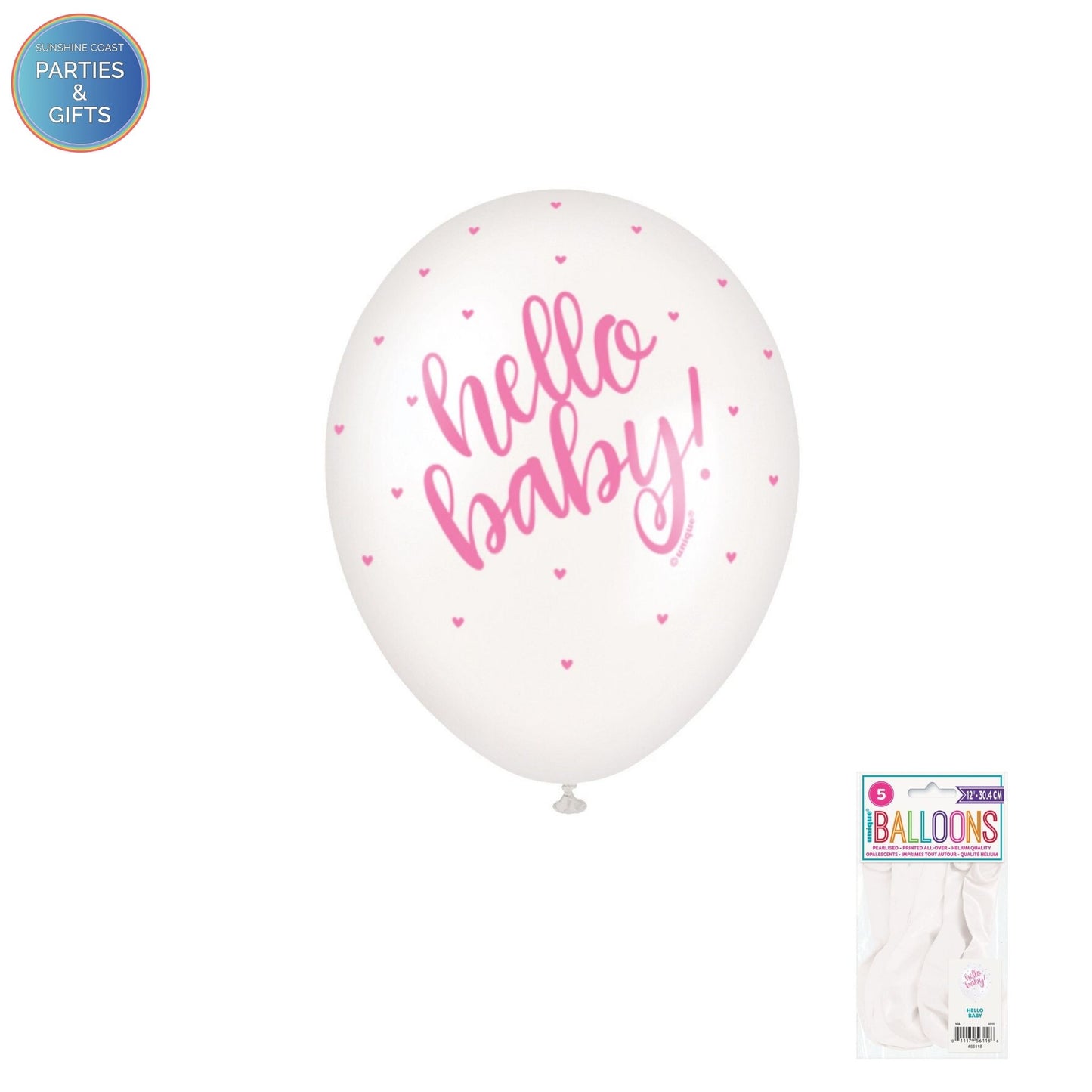 HELLO BABY PEARL WHITE 30CM LATEX BALLOONS 5 PACK - PINK