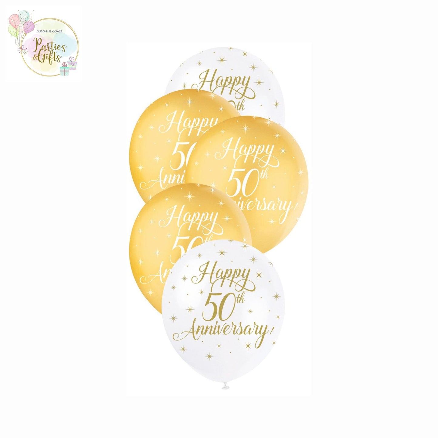 HAPPY 50TH ANNIVERSARY PEARL GOLD & WHITE LATEX BALLOONS 30CM - PACK OF 5