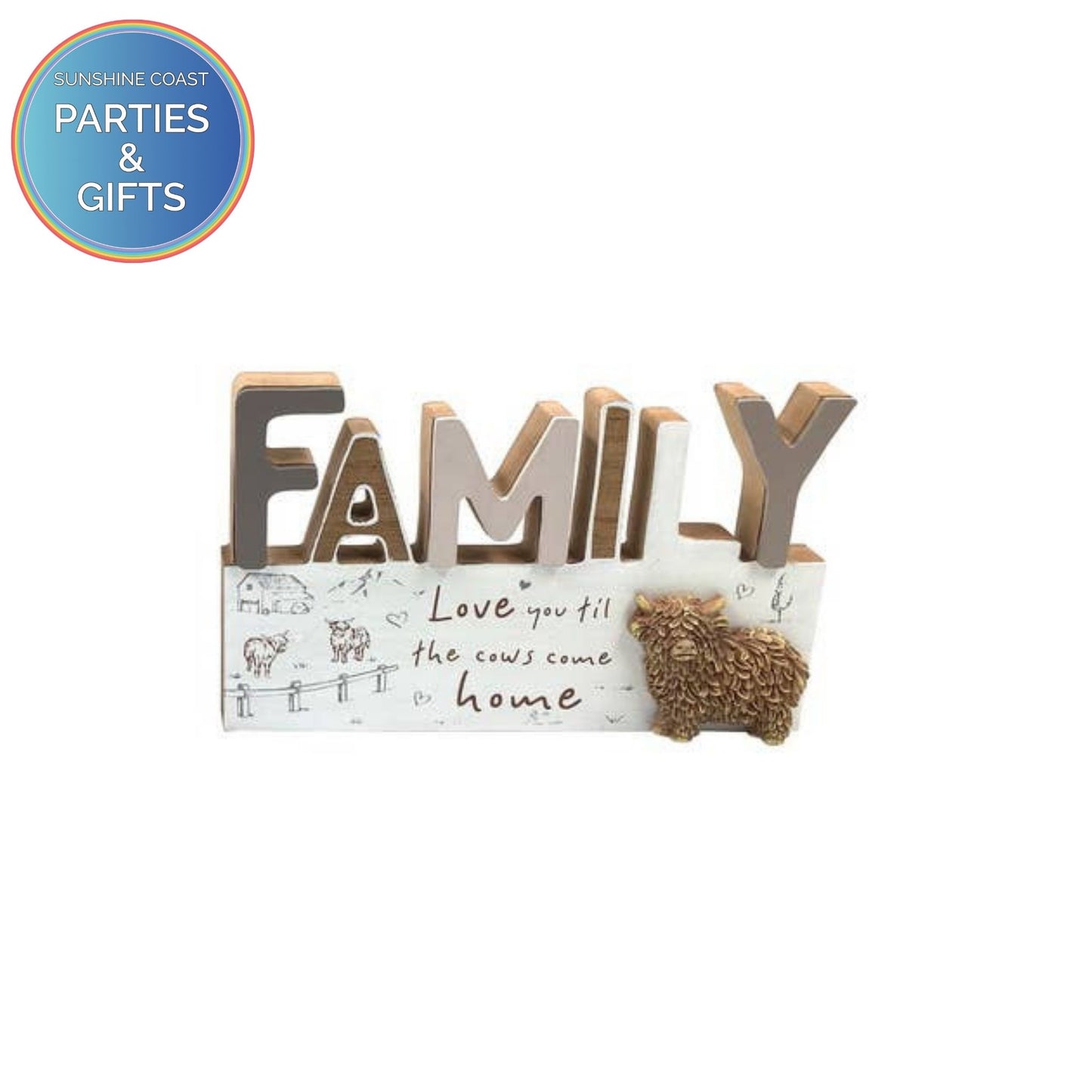 FAMILY HIGHLAND COW LOVE MDF PLAQUE - 22CM X 14CM