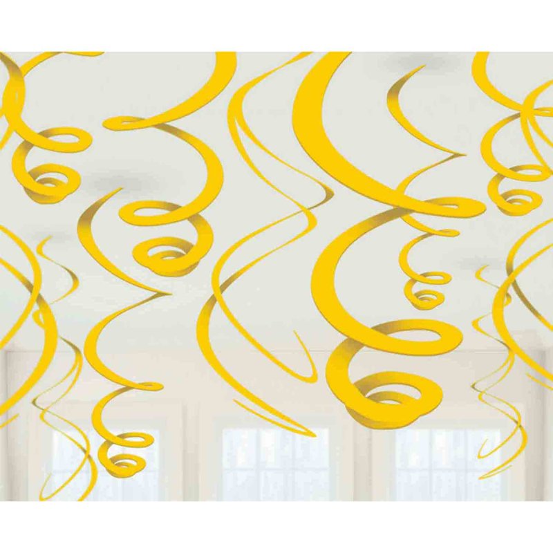 YELLOW PLASTIC HANGING SWIRL DECORATIONS - 12 PIECES