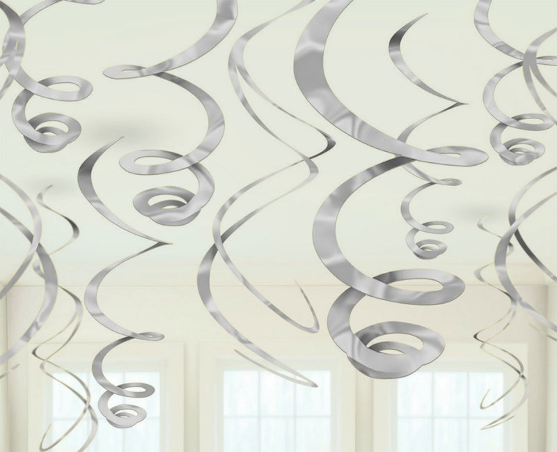 SILVER PLASTIC HANGING SWIRL DECORATIONS - 12 PIECES