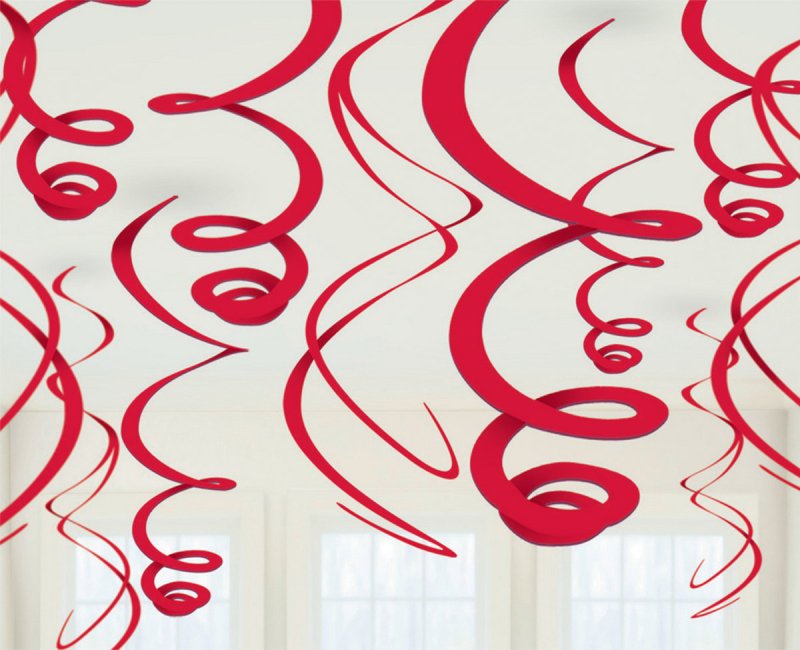 APPLE RED PLASTIC HANGING SWIRL DECORATIONS - 12 PIECES