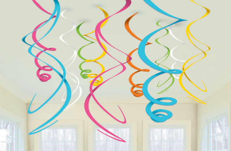 MULTI-COLOURED PLASTIC HANGING SWIRL DECORATIONS - 12 PIECES