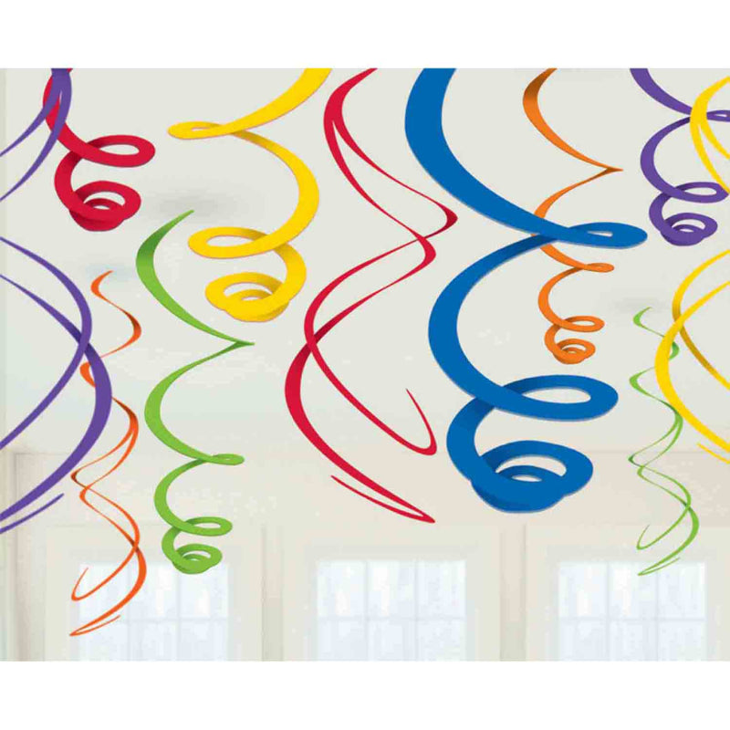 RAINBOW PLASTIC HANGING SWIRL DECORATIONS - 12 PIECES