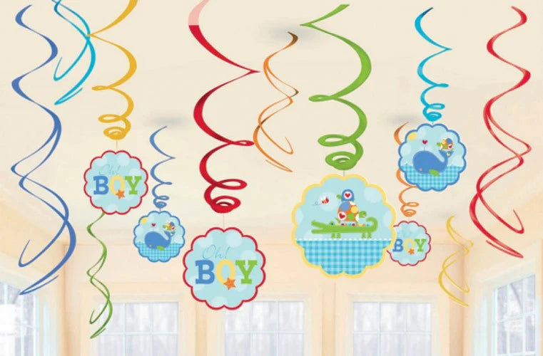 BABY SHOWER AHOY BOY HANGING SWIRL DECORATIONS - 12 PIECES