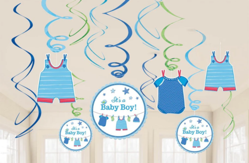 IT'S A BABY BOY HANGING SWIRL DECORATIONS - 12 PIECES