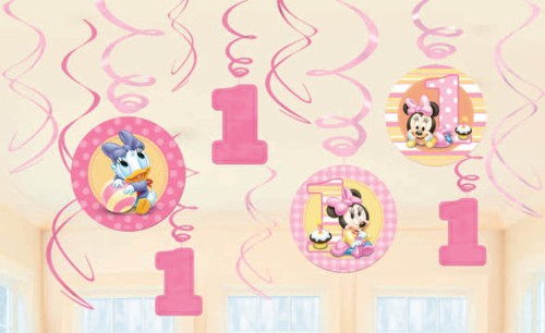 MINNIE MOUSE 1ST BIRTHDAY HANGING SWIRL DECORATIONS - 12 PIECES