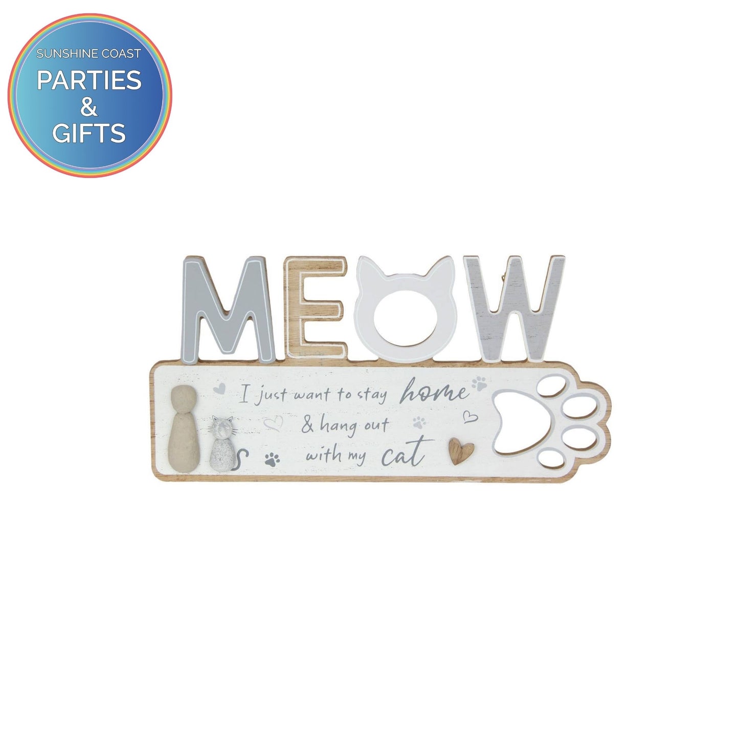 CAT MEOW PAW PRINT MDF PLAQUE - 25CM X 12.5CM
