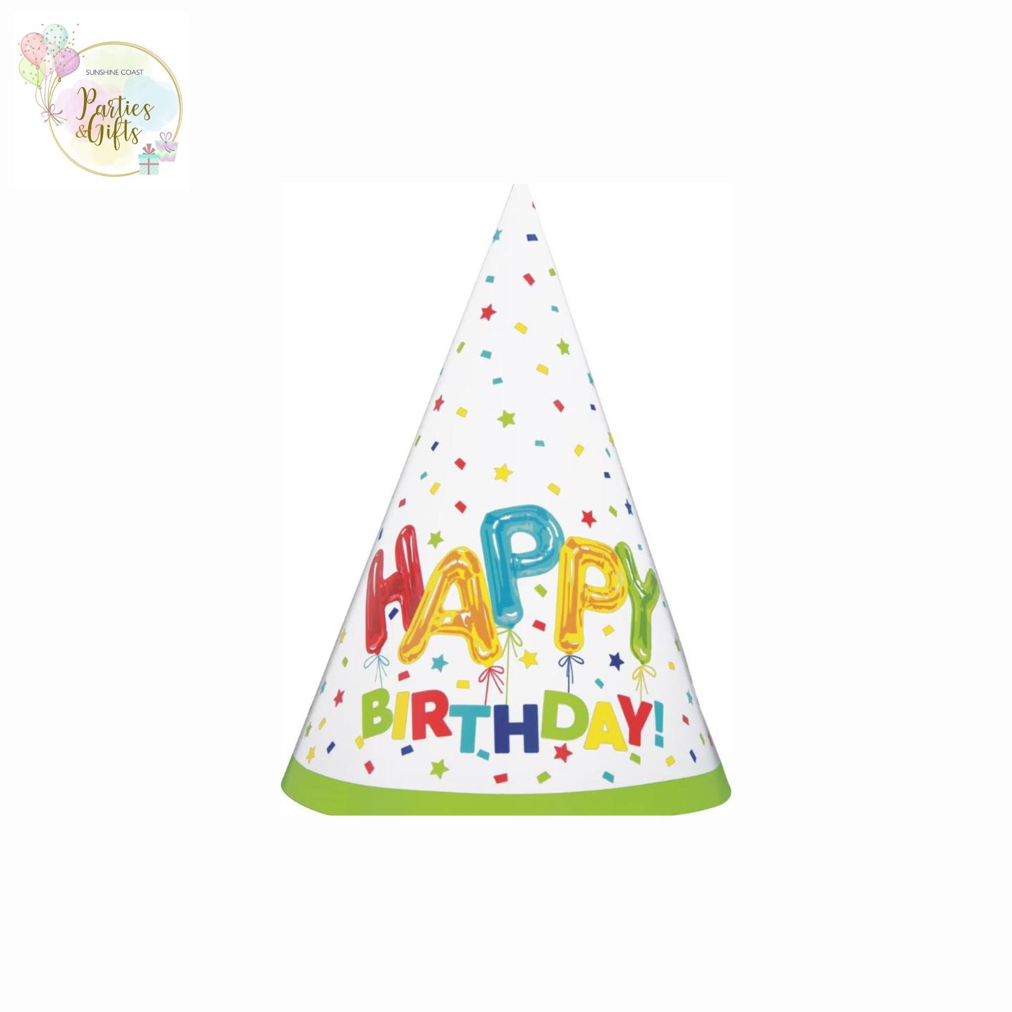HAPPY BALLOON PARTY HATS - 8 PACK