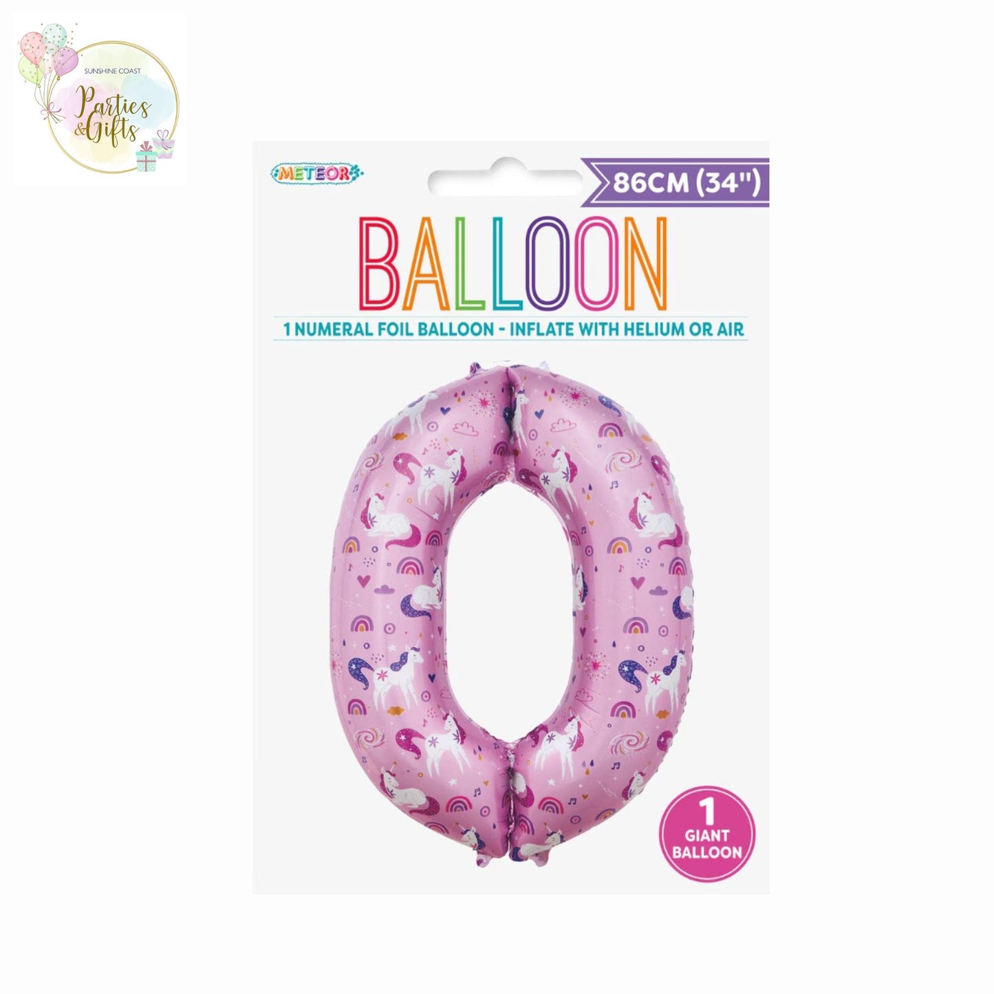 GIANT FOIL BALLOON - UNICORN NUMBER 0 - 86CM