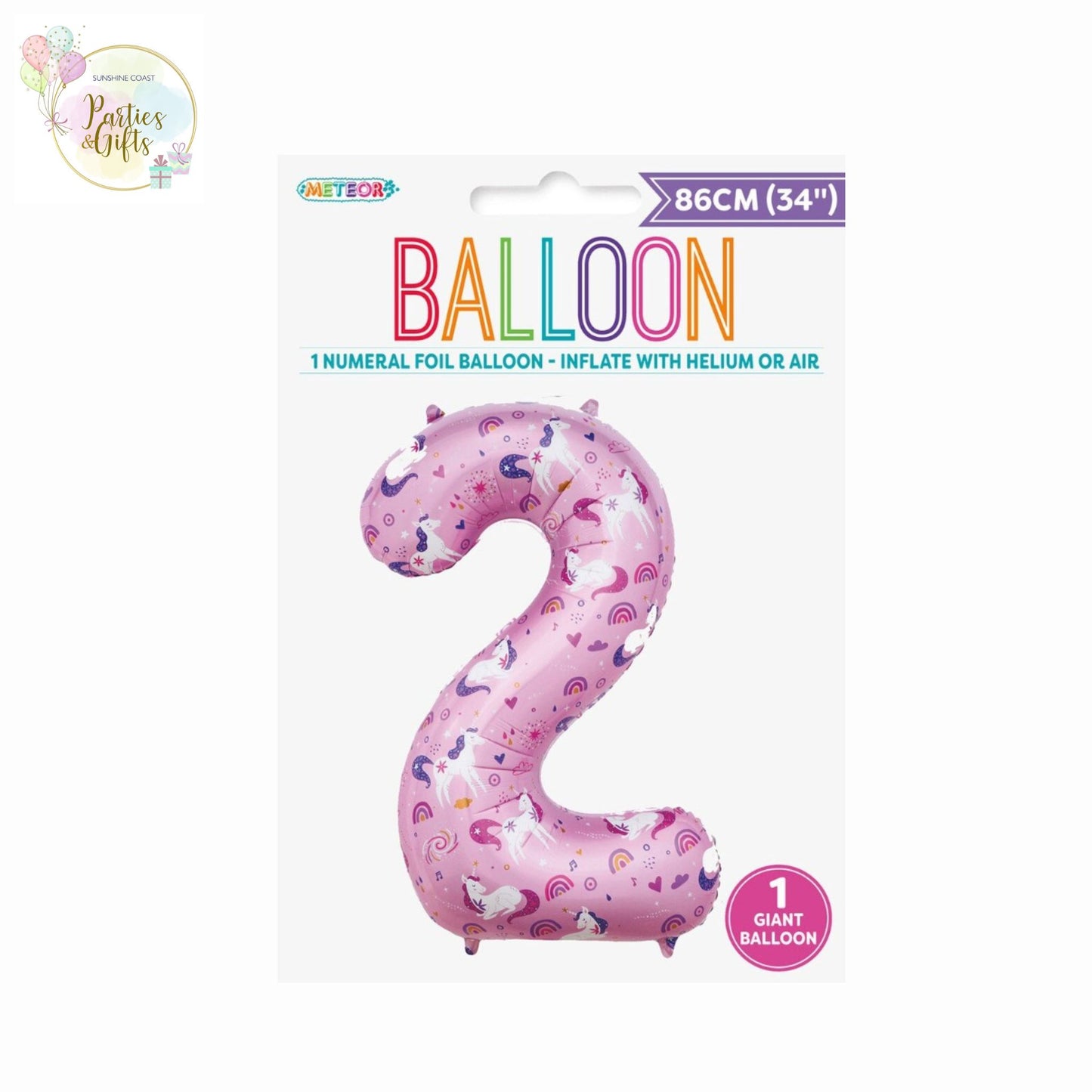 GIANT FOIL BALLOON - UNICORN NUMBER 2 - 86CM