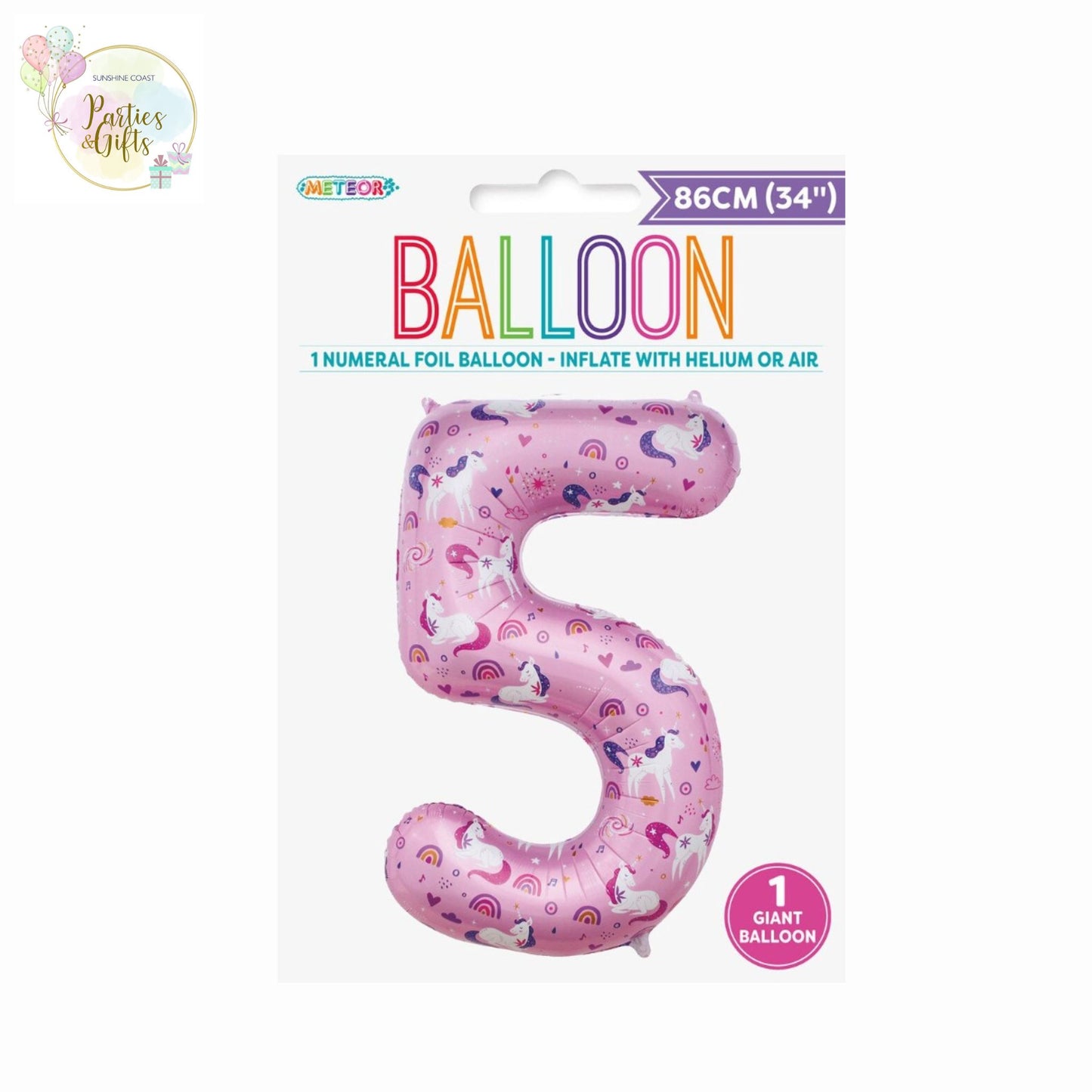 GIANT FOIL BALLOON - UNICORN NUMBER 5 - 86CM
