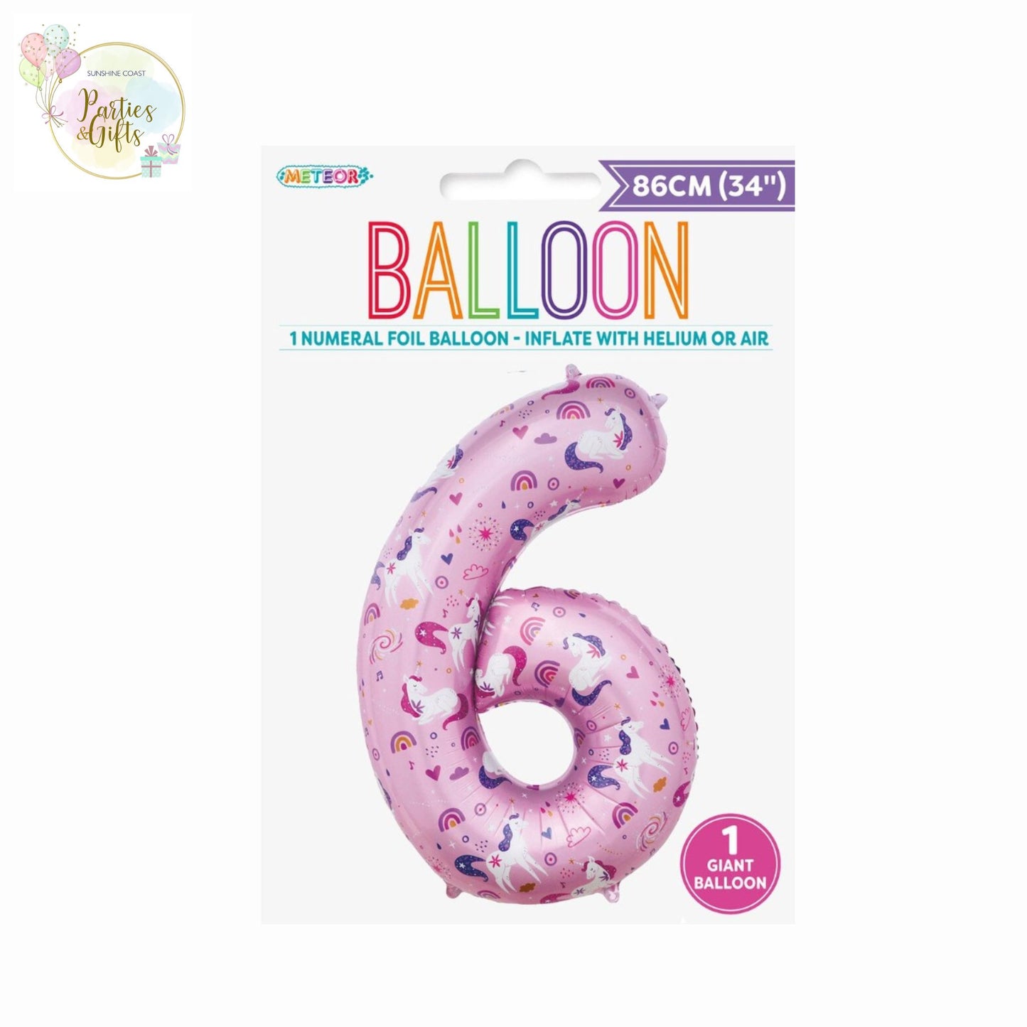 GIANT FOIL BALLOON - UNICORN NUMBER 6 - 86CM