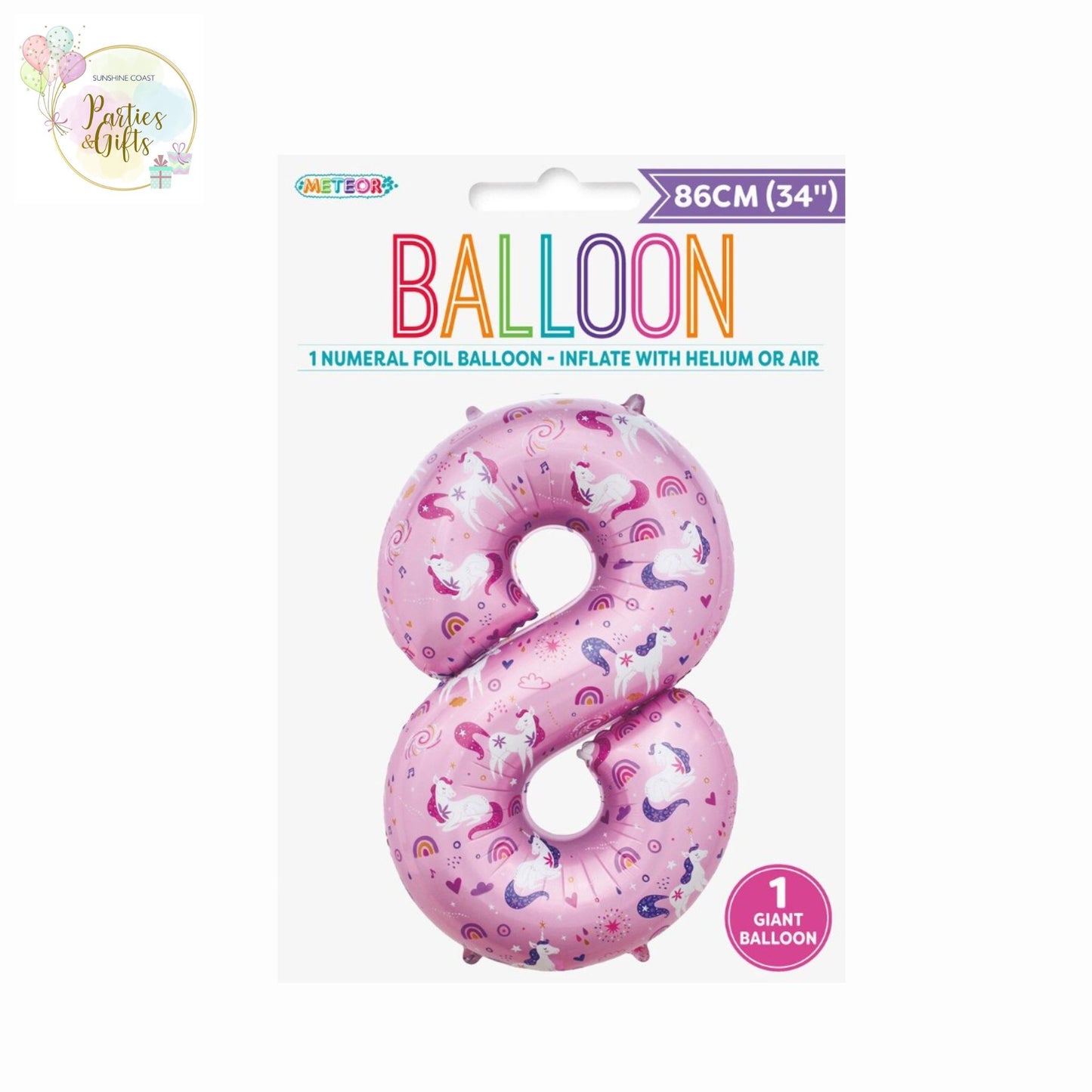GIANT FOIL BALLOON - UNICORN NUMBER 8 - 86CM