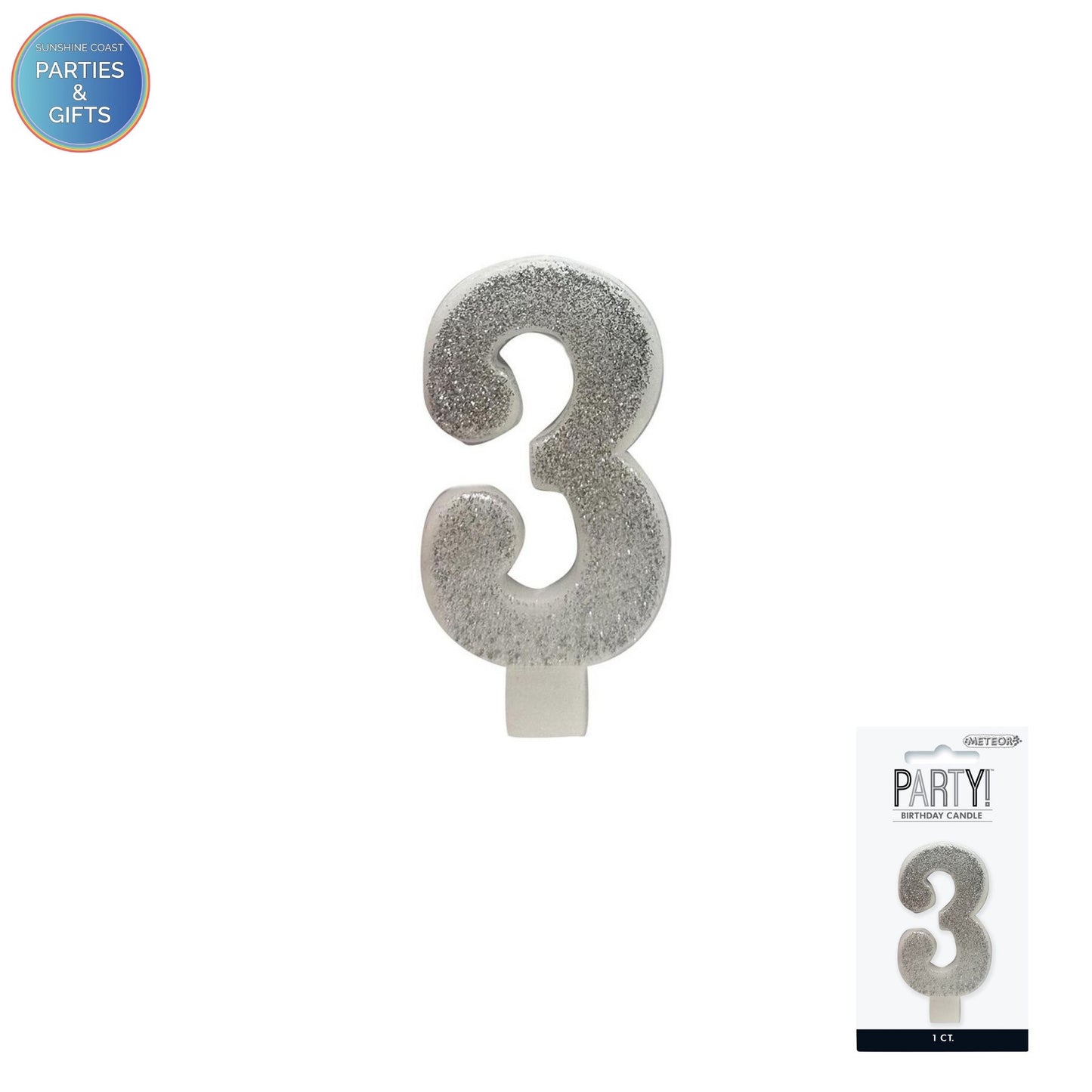 SILVER GLITTER NUMERAL CANDLE - # 3