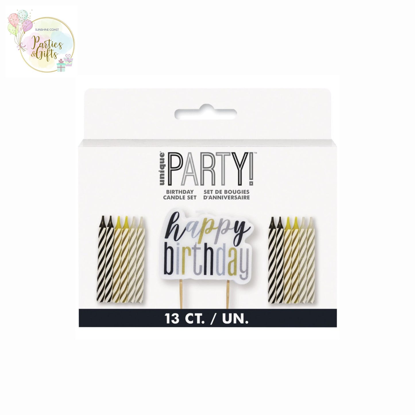 BLACK, GOLD & SILVER HAPPY BIRTHDAY CANDLE & 12 SPIRAL CANDLES