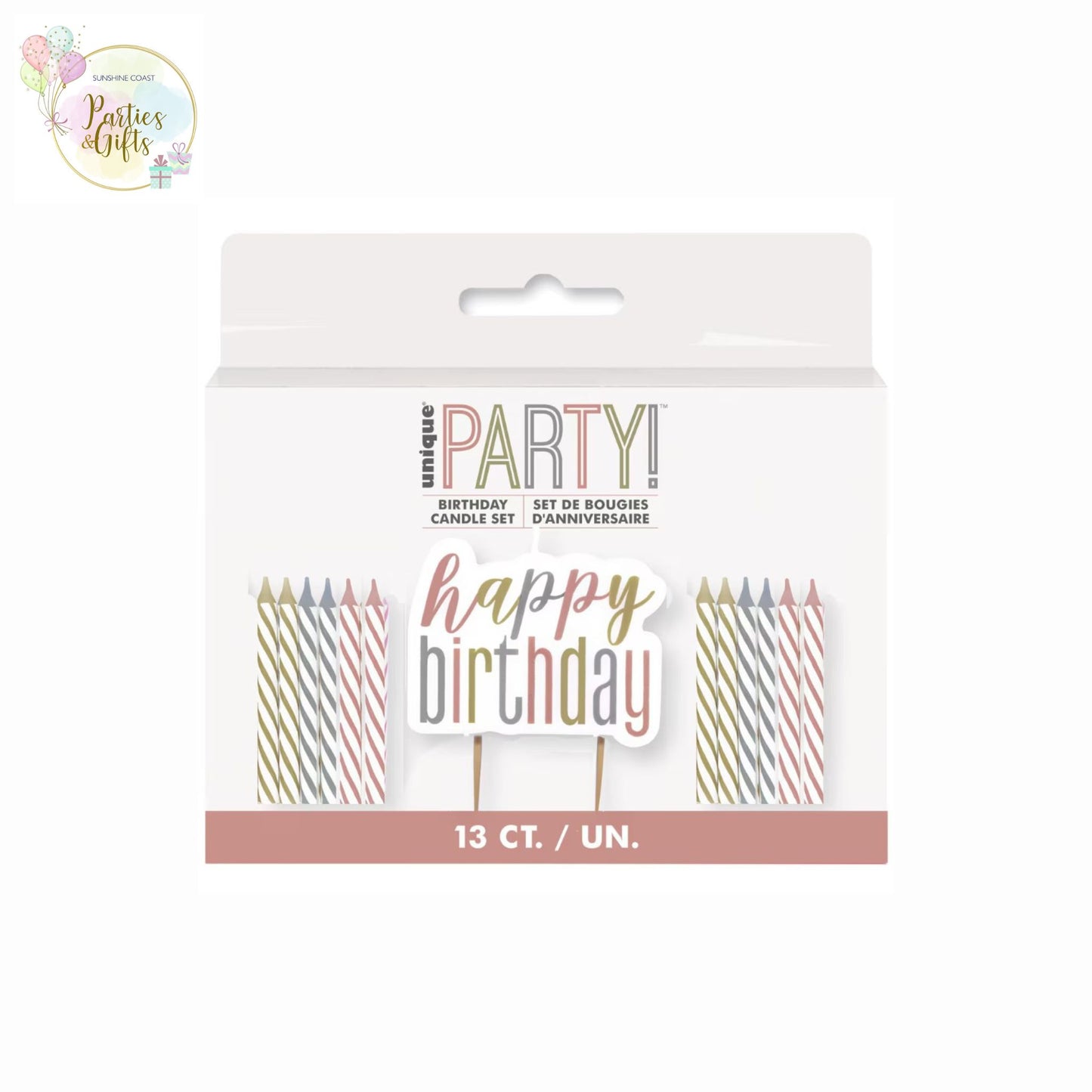 GOLD, ROSE GOLD & SILVER HAPPY BIRTHDAY CANDLE & 12 SPIRAL CANDLES