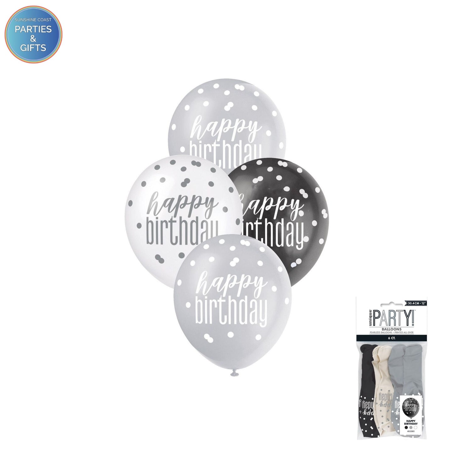 HAPPY BIRTHDAY BLACK, SILVER & WHITE 30.4CM LATEX BALLOONS 6 PACK