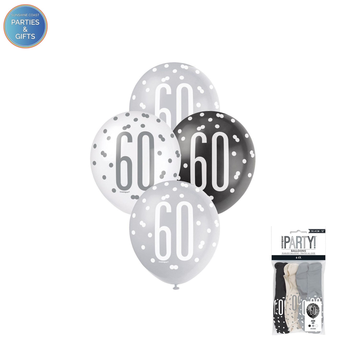 BLACK, SILVER & WHITE 30.4CM LATEX BALLOONS 6 PACK - AGE 60