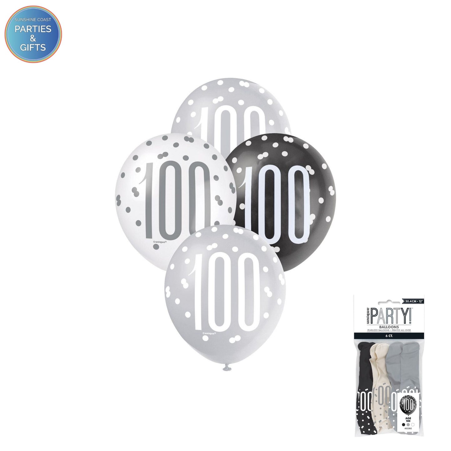 BLACK, SILVER & WHITE 30.4CM LATEX BALLOONS 6 PACK - AGE 100
