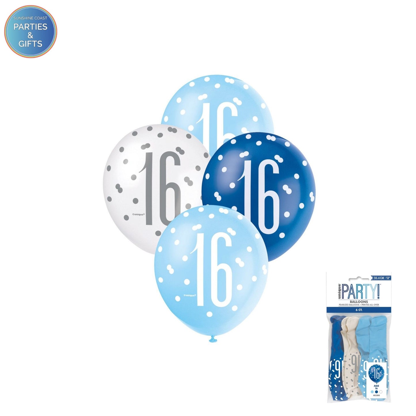 LIGHT BLUE, BLUE & WHITE 30.4CM LATEX BALLOONS 6 PACK - AGE 16