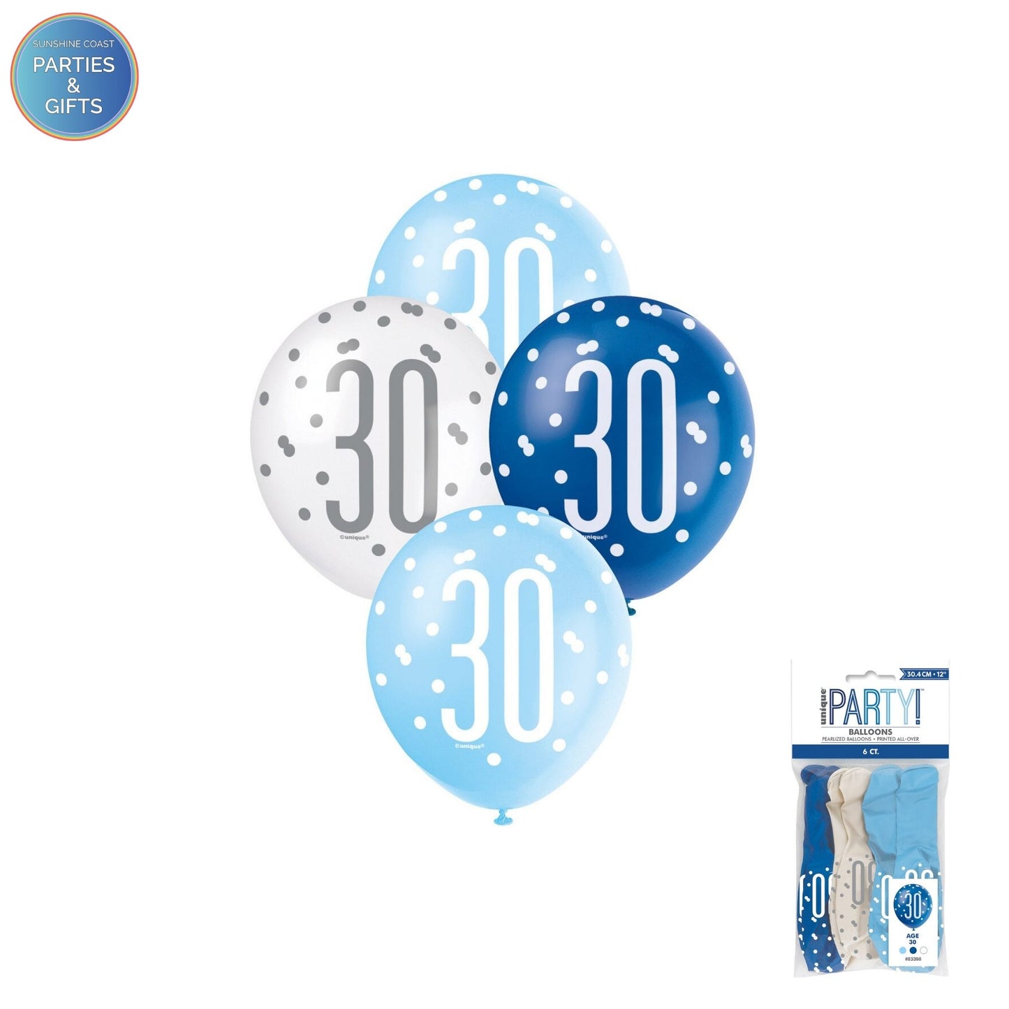 LIGHT BLUE, BLUE & WHITE 30.4CM LATEX BALLOONS 6 PACK - AGE 30