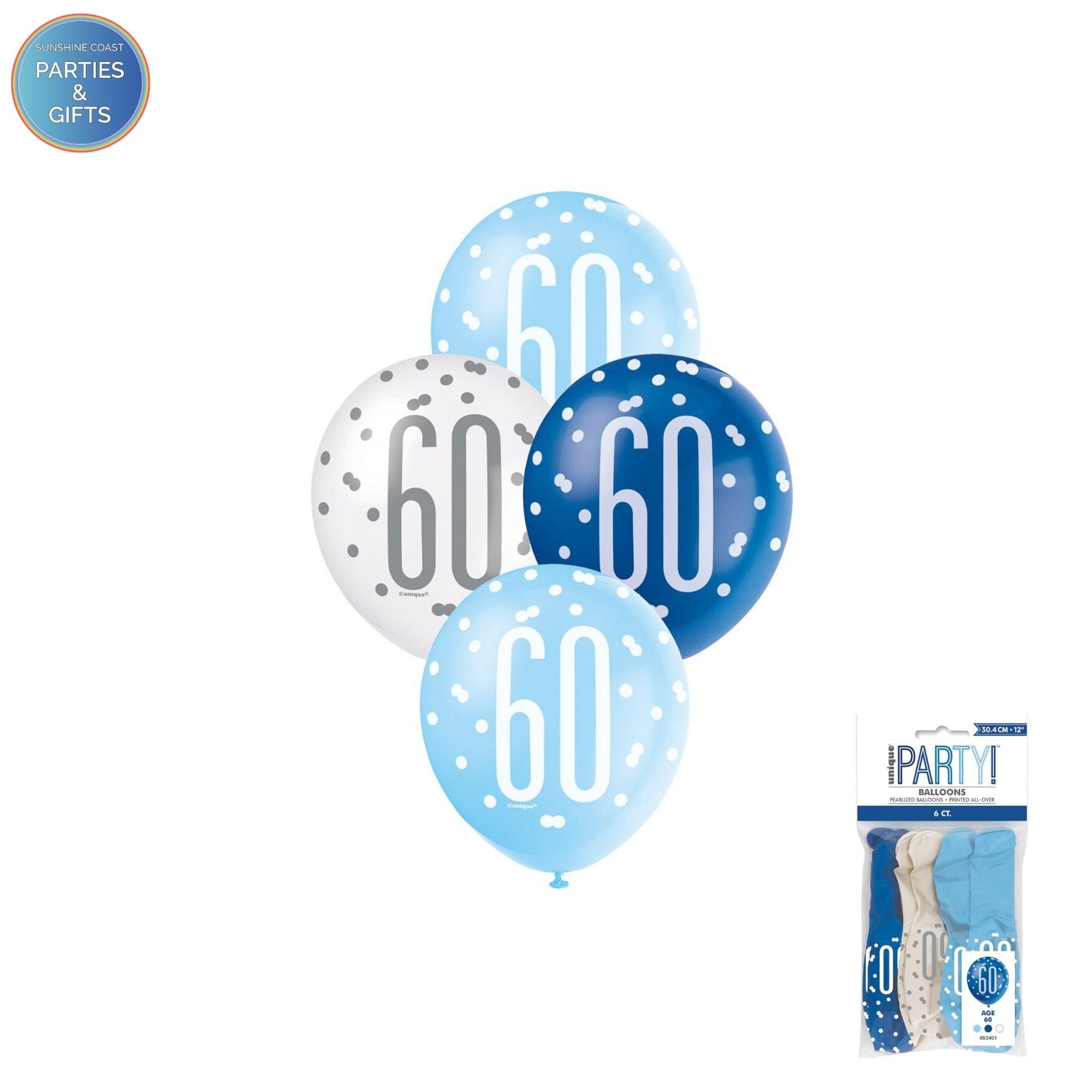 LIGHT BLUE, BLUE & WHITE 30.4CM LATEX BALLOONS 6 PACK - AGE 60
