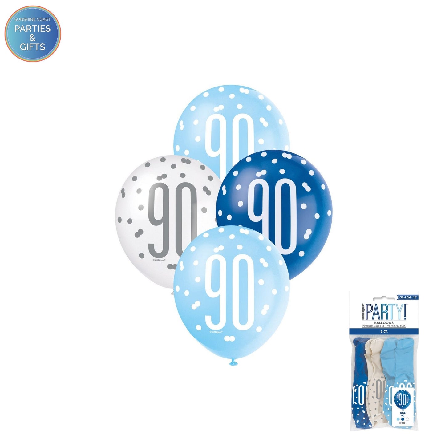 LIGHT BLUE, BLUE & WHITE 30.4CM LATEX BALLOONS 6 PACK - AGE 90