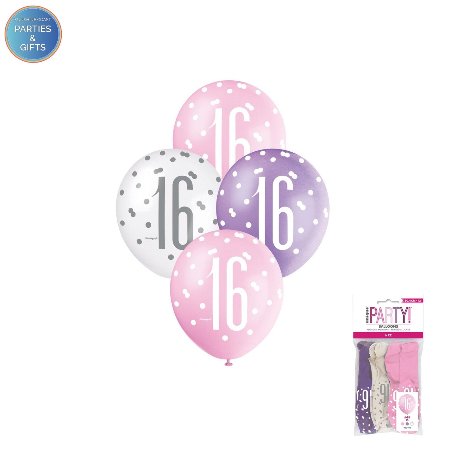 PINK, PURPLE & WHITE 30.4CM LATEX BALLOONS 6 PACK - AGE 16