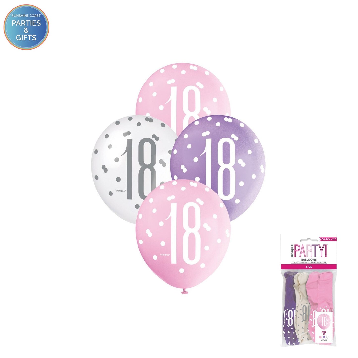 PINK, PURPLE & WHITE 30.4CM LATEX BALLOONS 6 PACK - AGE 18