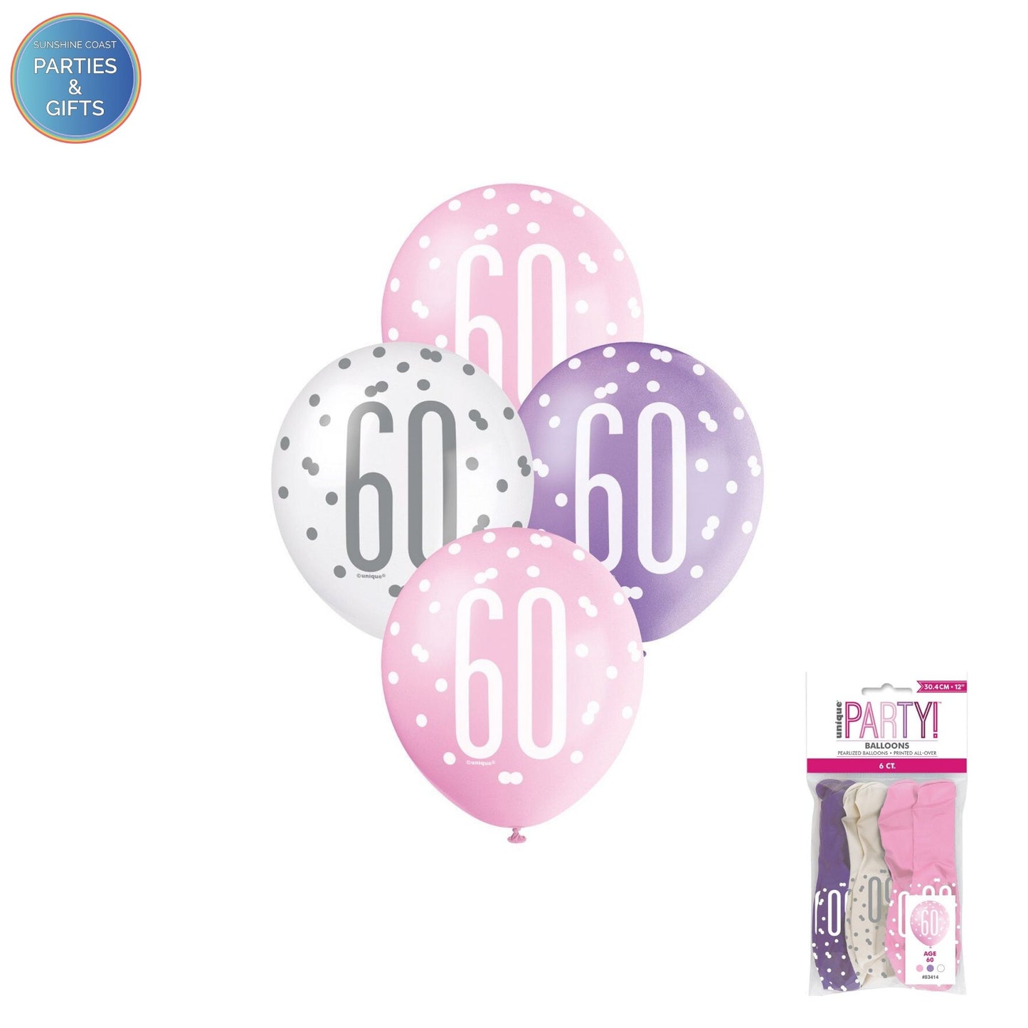 PINK, PURPLE & WHITE 30.4CM LATEX BALLOONS 6 PACK - AGE 60
