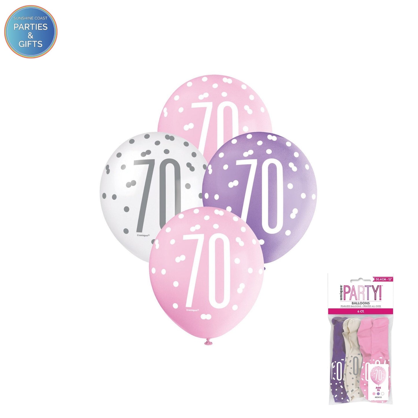 PINK, PURPLE & WHITE 30.4CM LATEX BALLOONS 6 PACK - AGE 70