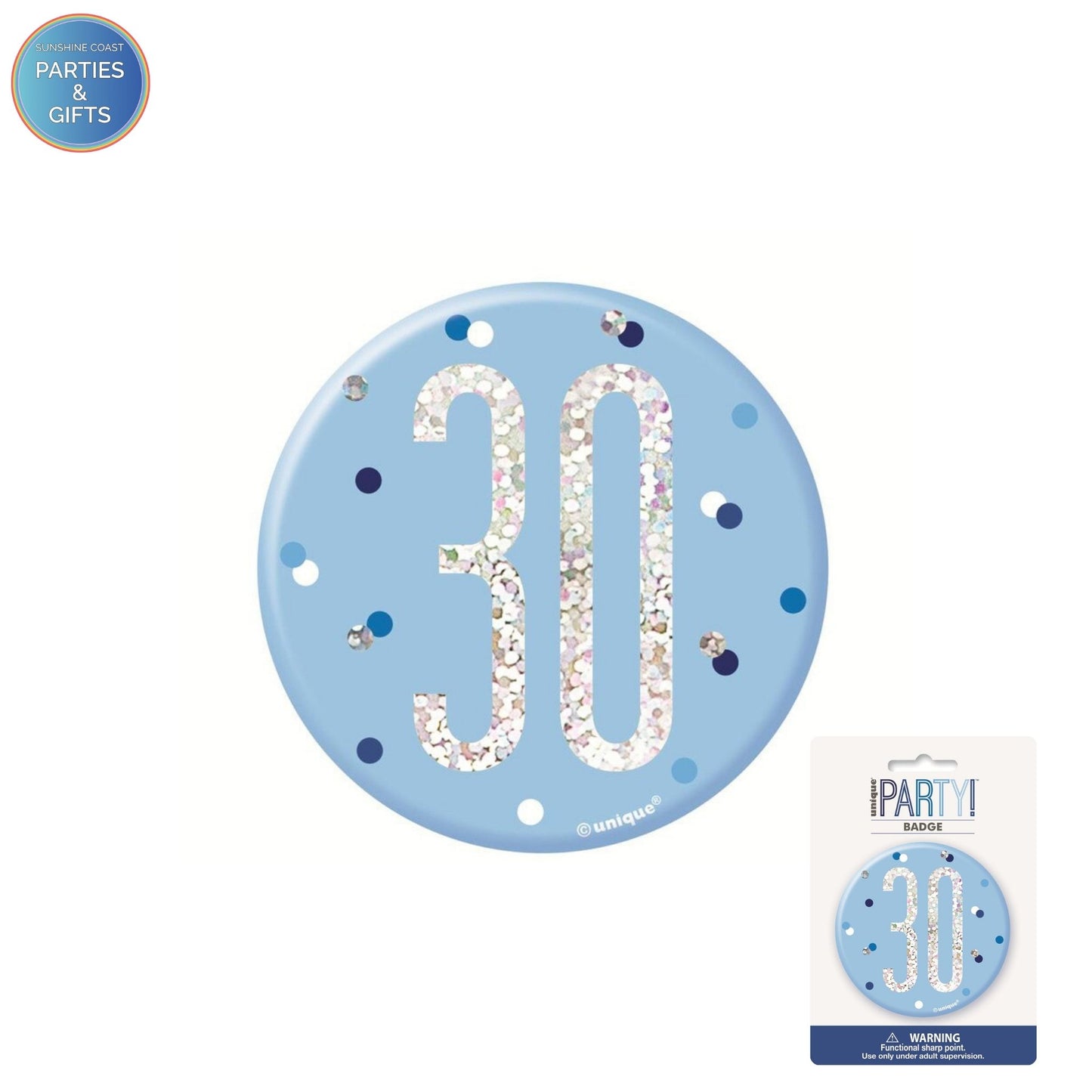 GLITZ BLUE 7.6CM BIRTHDAY BADGE - 30