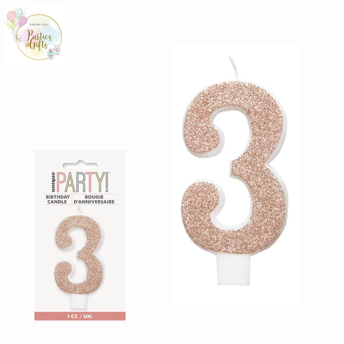 ROSE GOLD GLITTER NUMERAL CANDLE - # 3