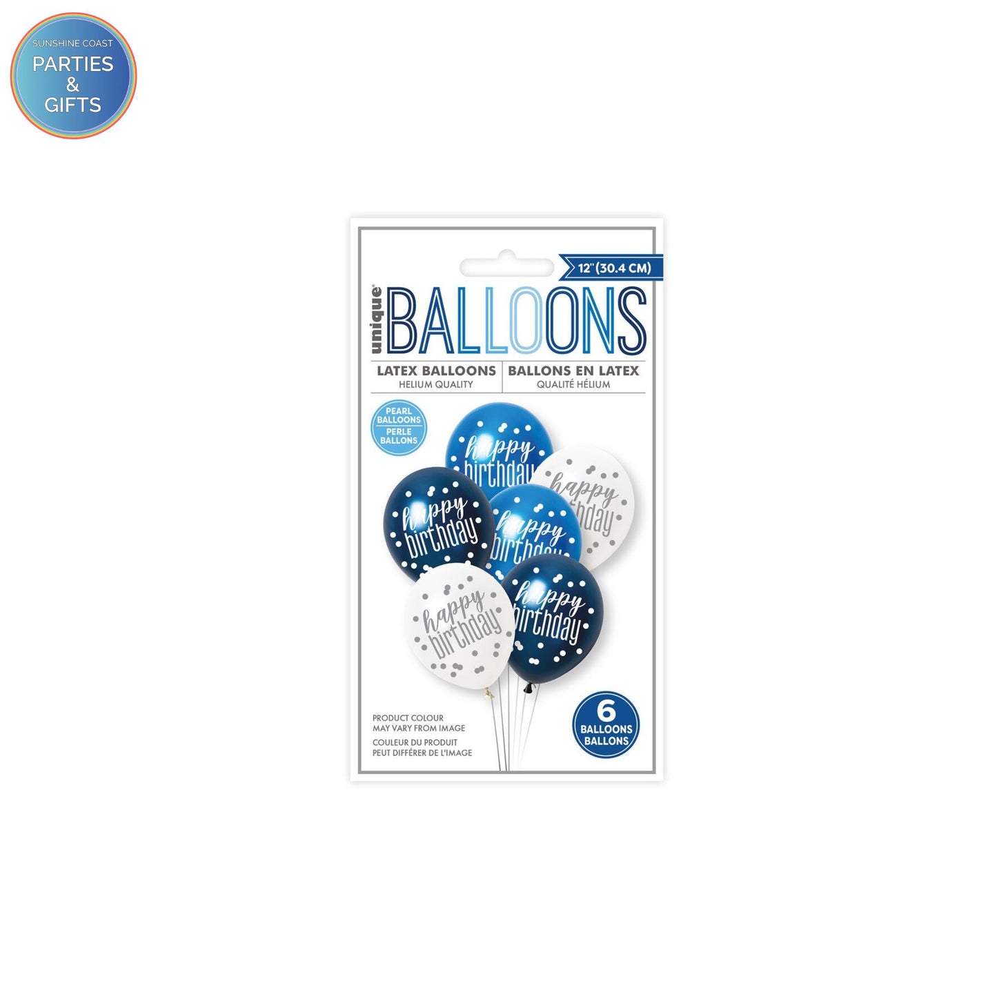 HAPPY BIRTHDAY NAVY, BLUE & WHITE PEARL LATEX BALLOONS 30.4CM - PACK OF 6