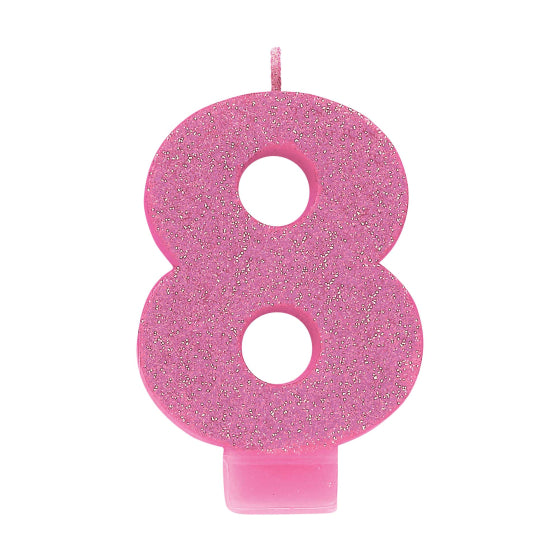 PINK GLITTER NUMERAL CANDLE - # 8