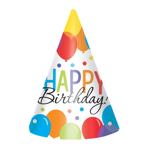 BALLOON BASH PARTY HATS - 8 PACK