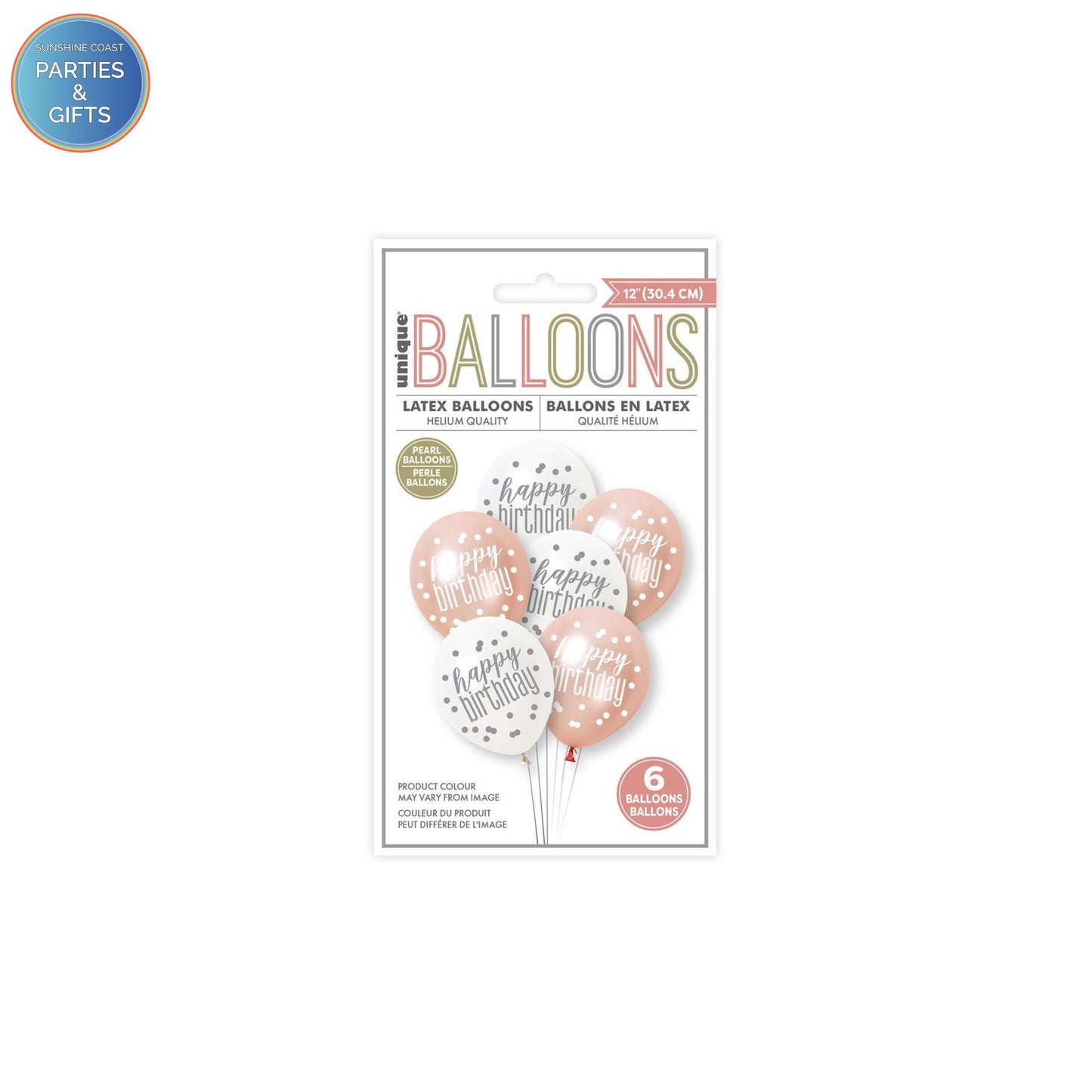 HAPPY BIRTHDAY ROSE GOLD & WHITE PEARL LATEX BALLOONS 30.4CM - PACK OF 6