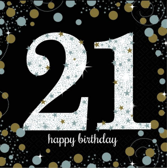 GOLD & BLACK CELEBRATION 21ST BIRTHDAY LUNCH NAPKINS - PACK OF 16