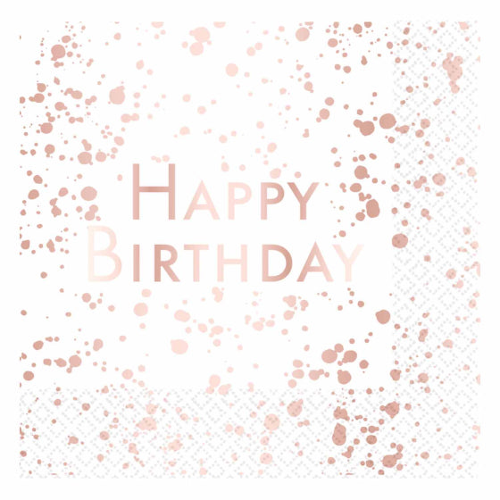 ROSE GOLD AND WHITE HAPPY BIRTHDAY LUNCH NAPKINS - PACK OF 16