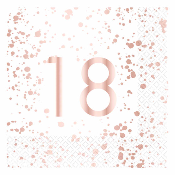 ROSE GOLD AND WHITE 18TH BIRTHDAY LUNCH NAPKINS - PACK OF 16