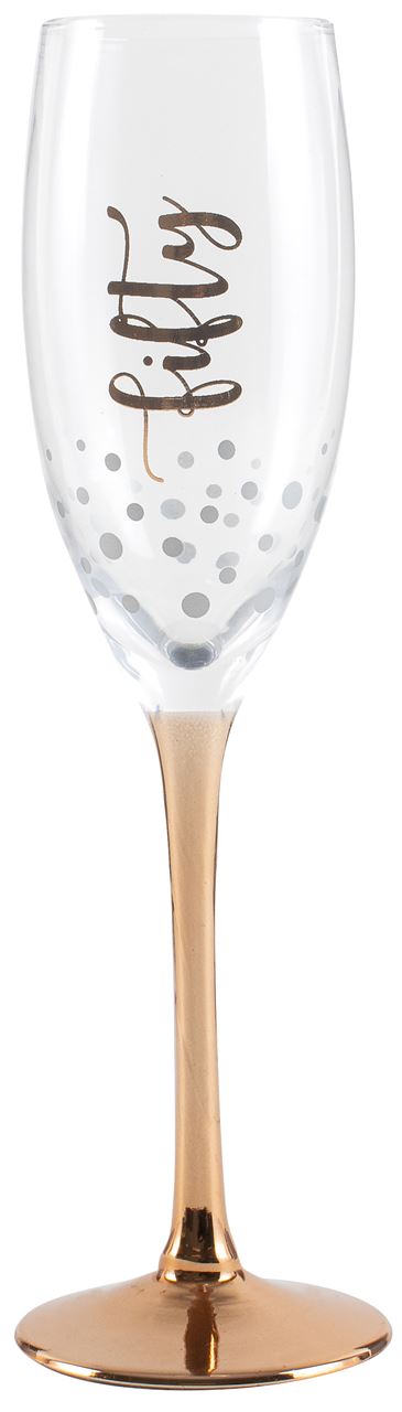 50TH BIRTHDAY "FIFTY" ROSE GOLD STEM CHAMPAGNE GLASS