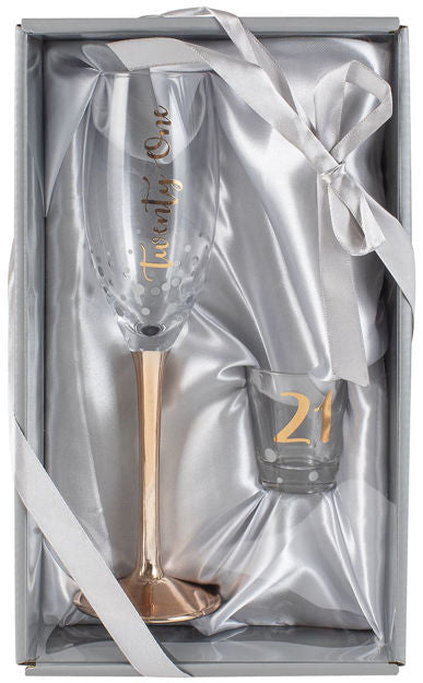 21ST BIRTHDAY ROSE GOLD CHAMPAGNE GLASS & SHOT GLASS GIFT SET